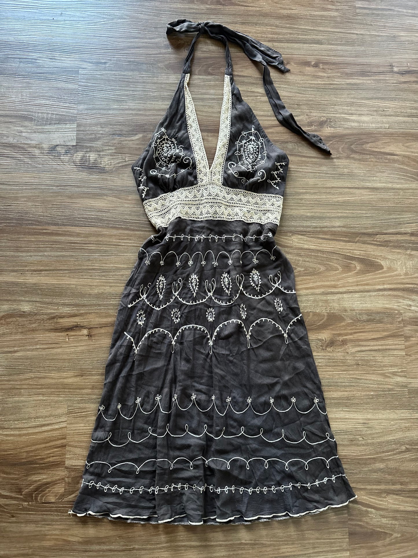 2000s brown with cream lace slip halter dress