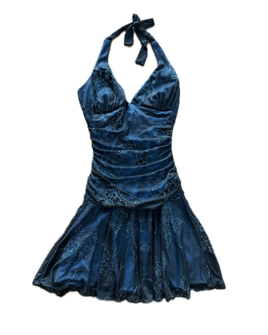 Vintage 2000s royal blue mesh mini slip halter dress