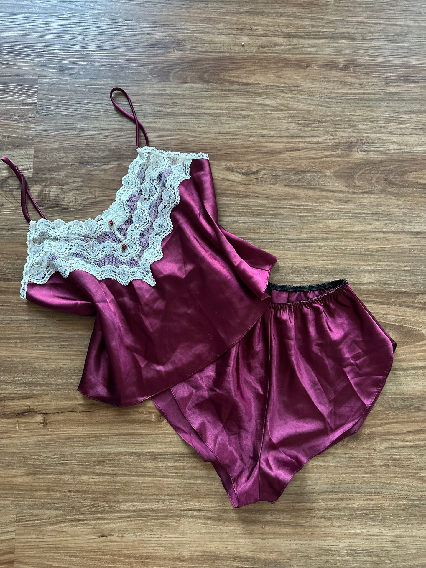 Vintage 90s dark plum silky with lace sleepwear