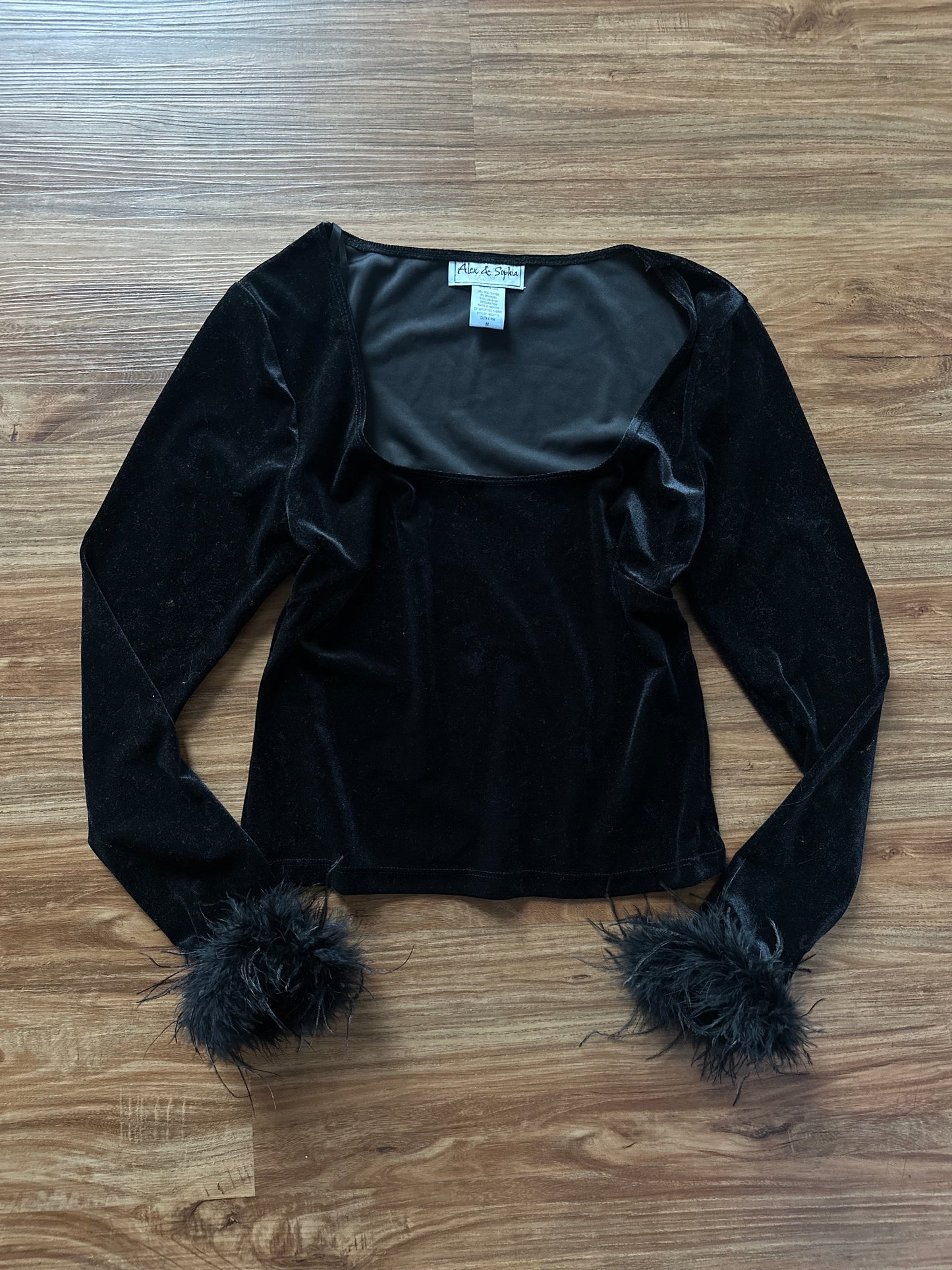 Vintage 90s black velvet with feather cups long sleeve top