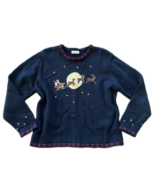 Vintage 2000s dark navy Santa with reindeer sweater