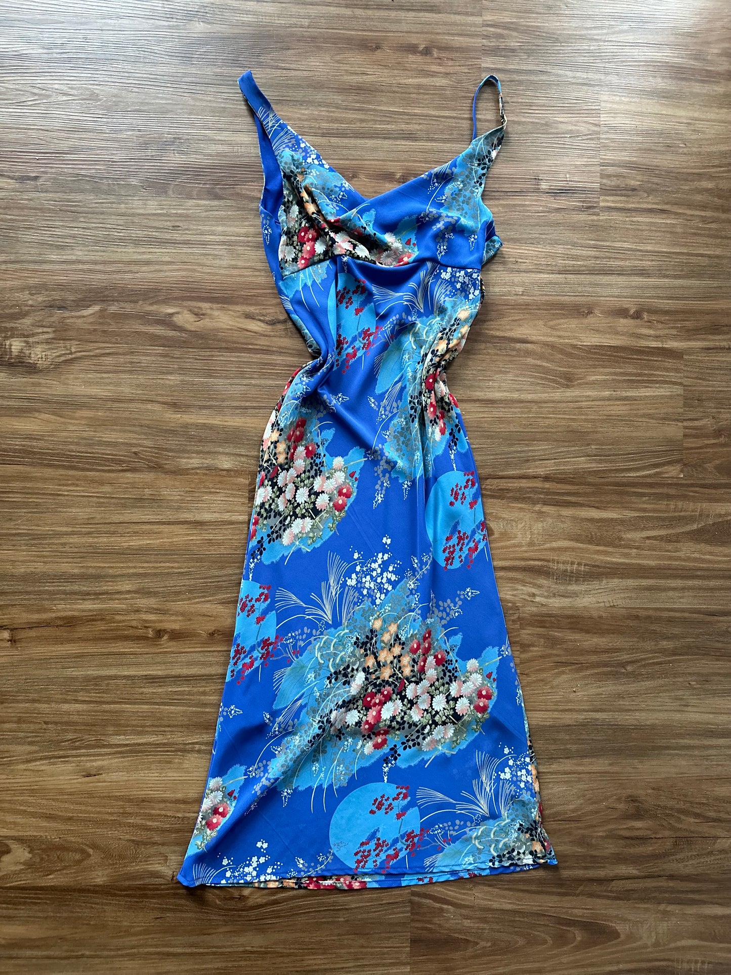 Vintage 2000s bright blue floral Midi slip dress