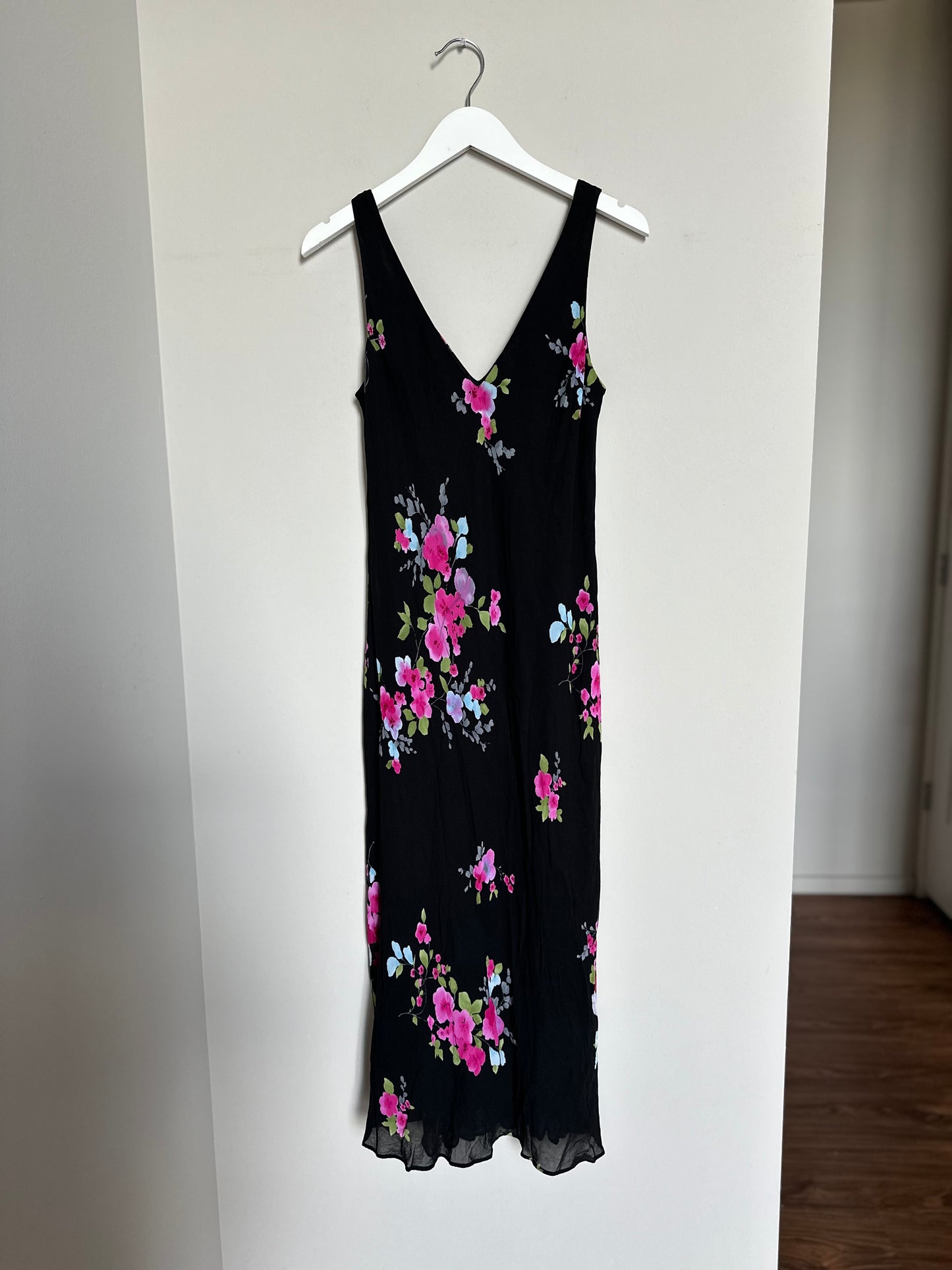 Vintage 90s black/pink floral maxi slip dress