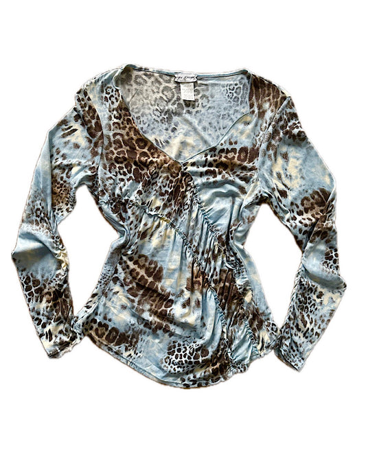 Vintage 2000s light blue with animal print long sleeve top