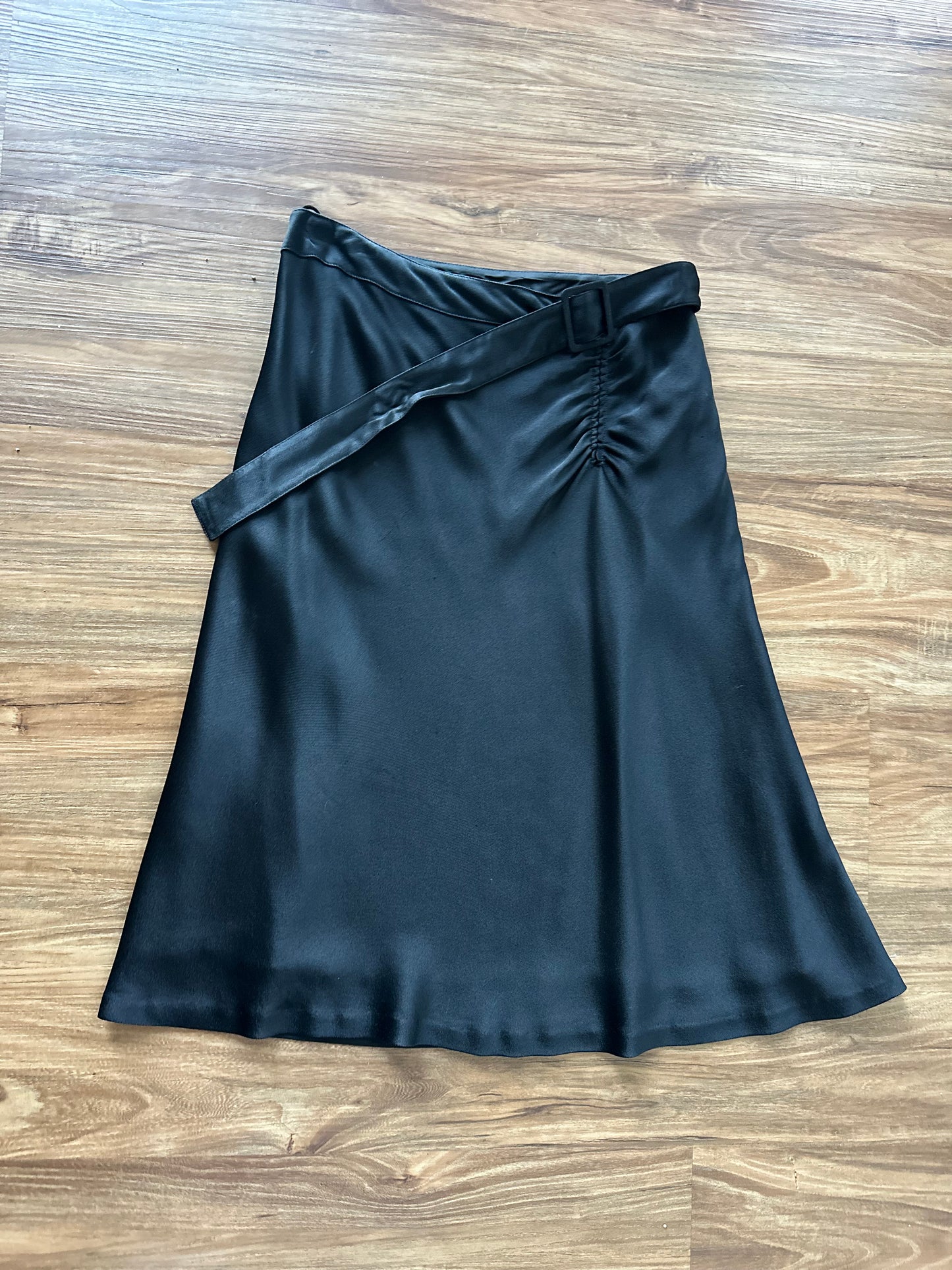 2000s black satin belted midi skirt