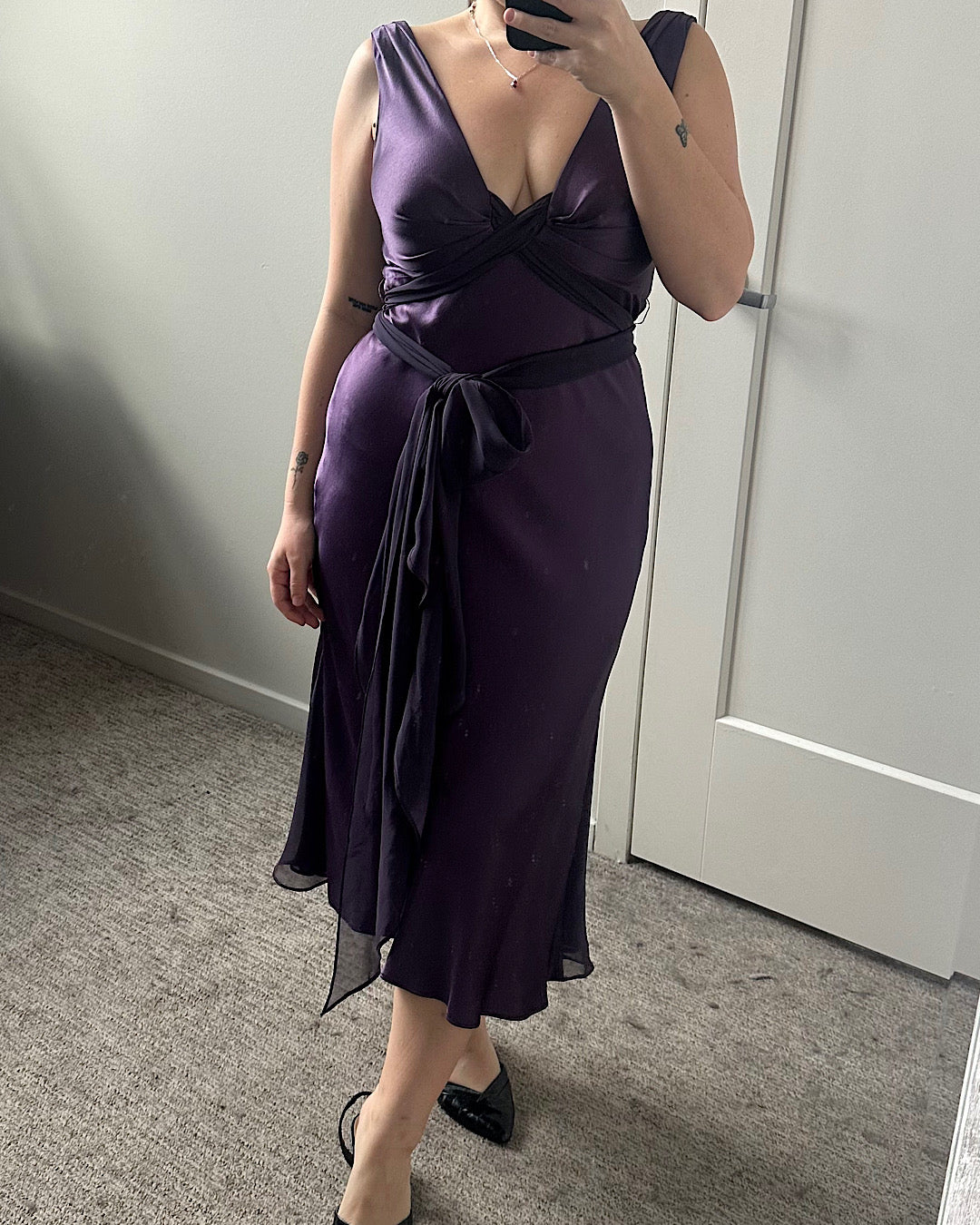 Vintage 2000s dark purple Vera Wang v-neck draped dress