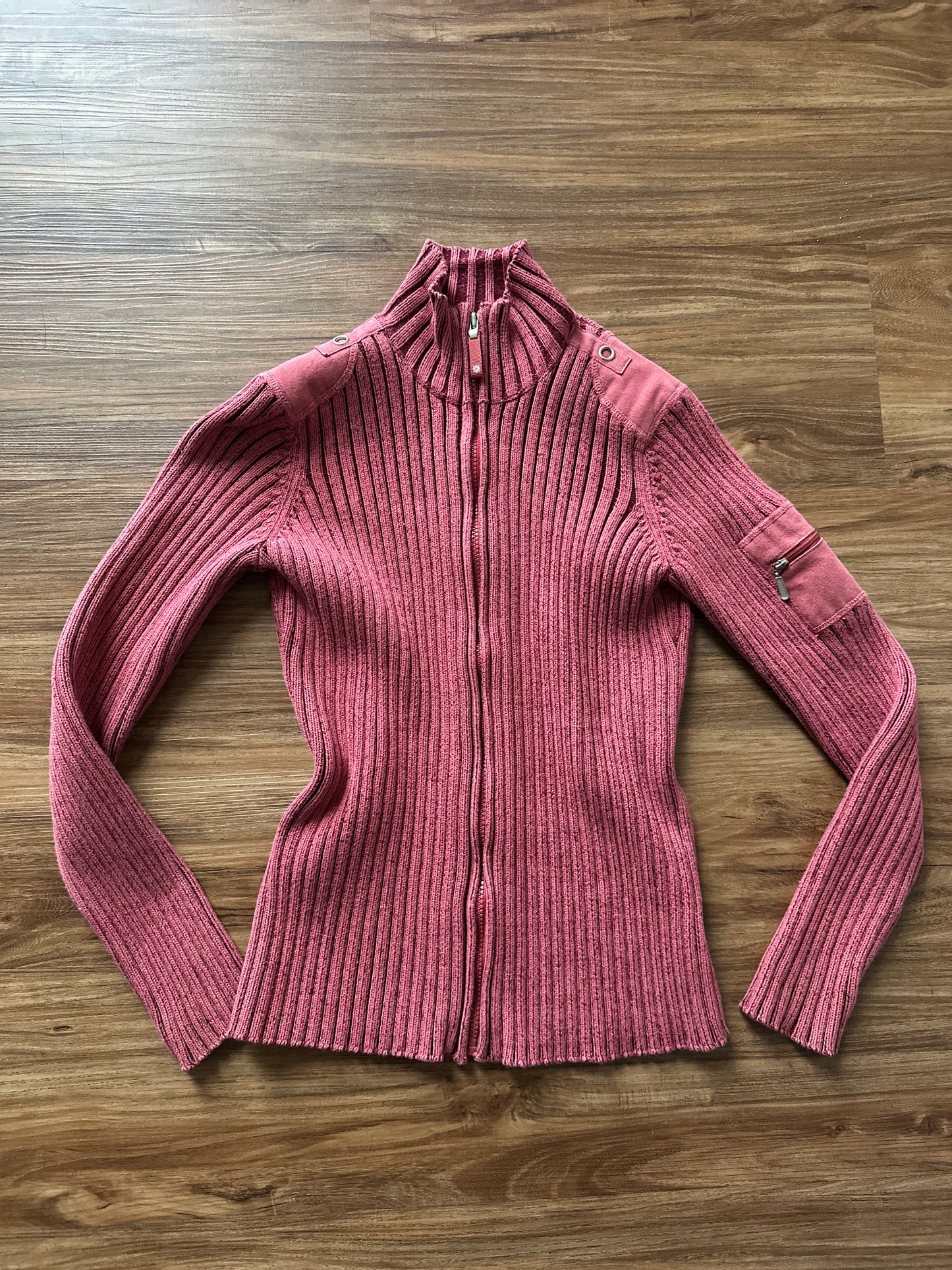 2000s pink ribbed zip up jacket