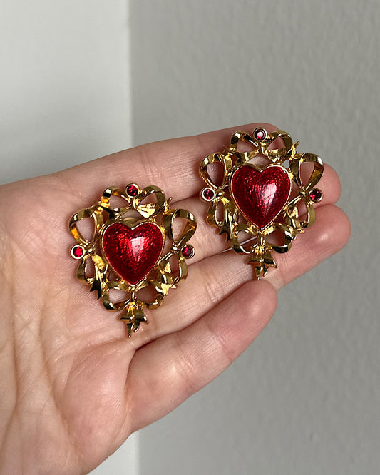 Vintage 90s red enamel heart with bows pierced earrings