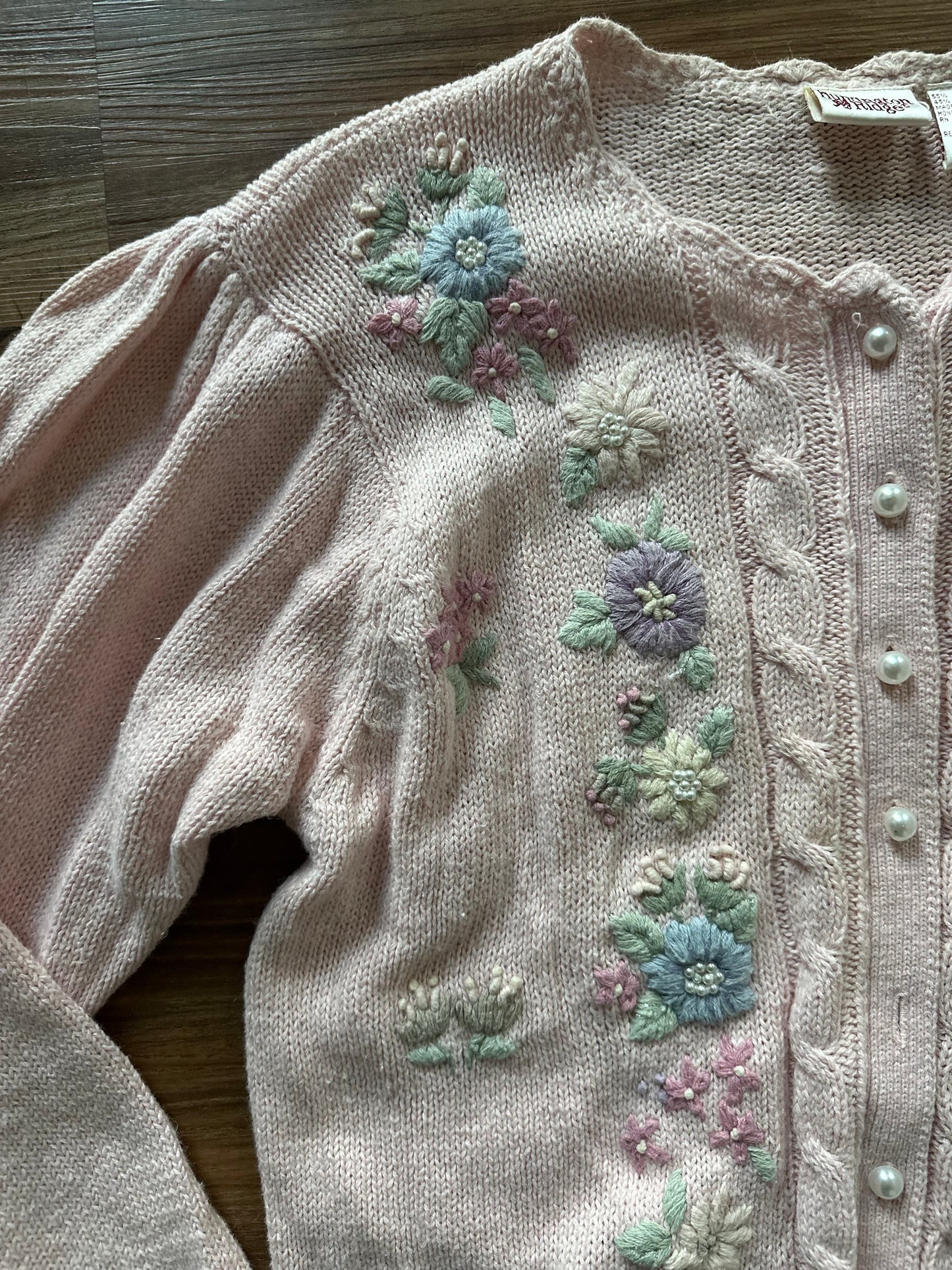 Vintage 90s pink with floral embroidery button up sweater