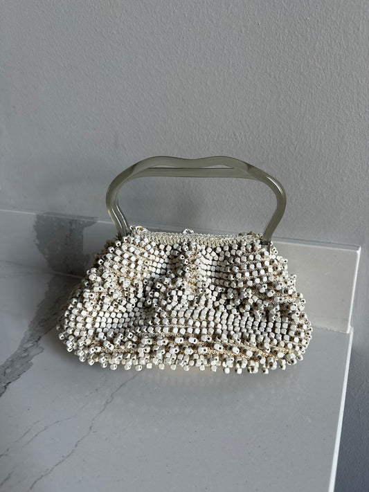 Vintage 60s white beaded hand bag