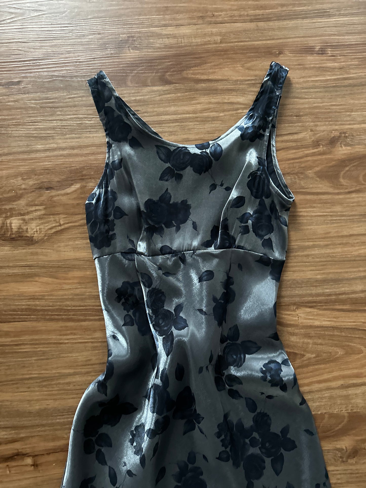 Vintage 90s metallic with black floral maxi slip dress