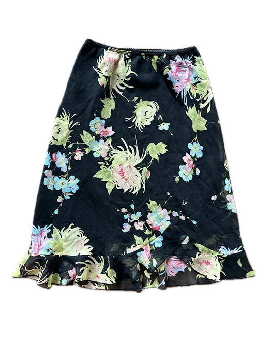 Vintage 90s black floral midi slip skirt