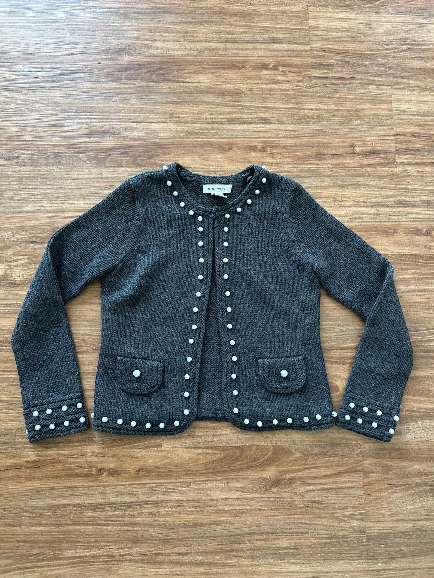 2000s dark gray with pearls cardigan