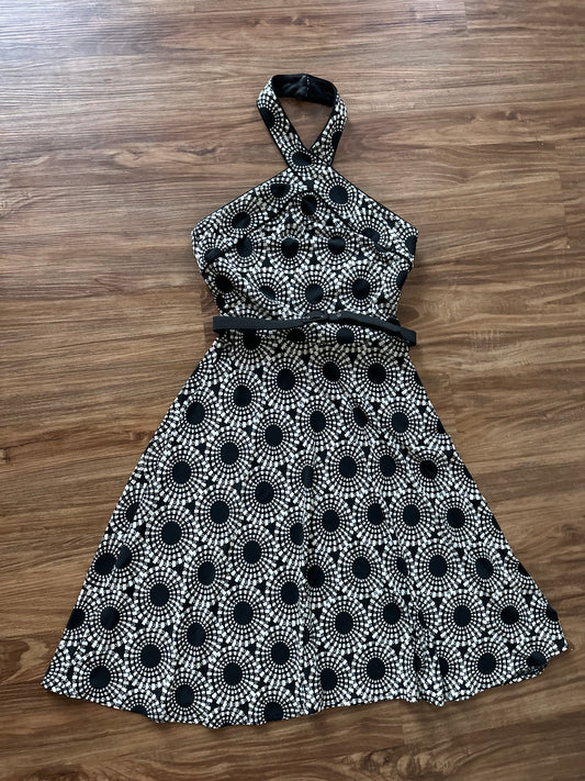 Vintage 90s black/white printed halter belted dress