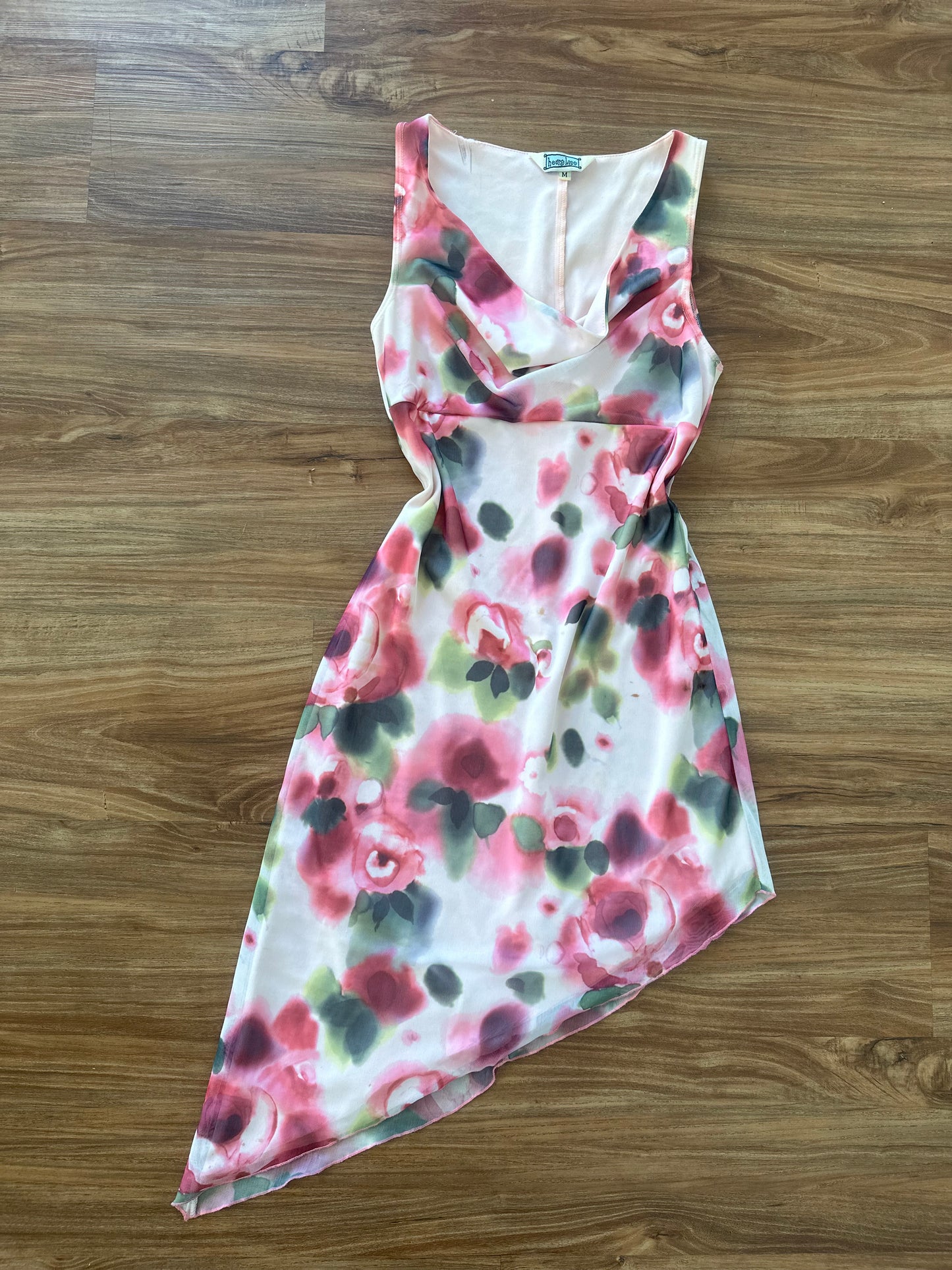 Vintage 2000s pink/green floral asymmetrical dress