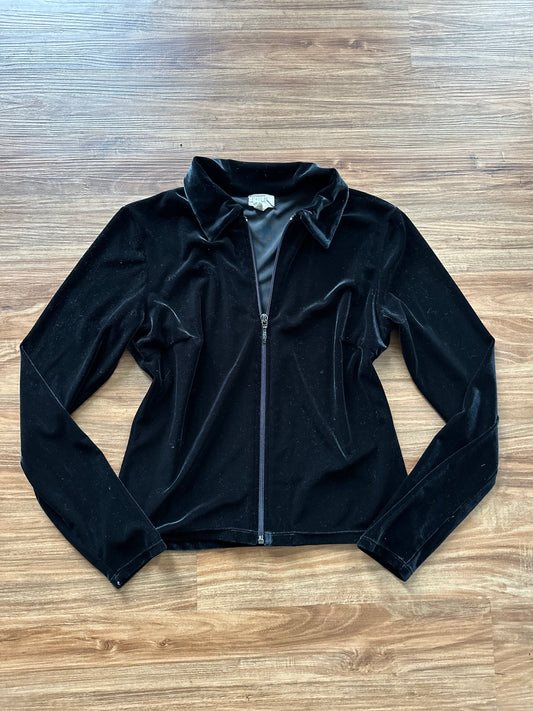 2000s black velvet zip up long sleeve