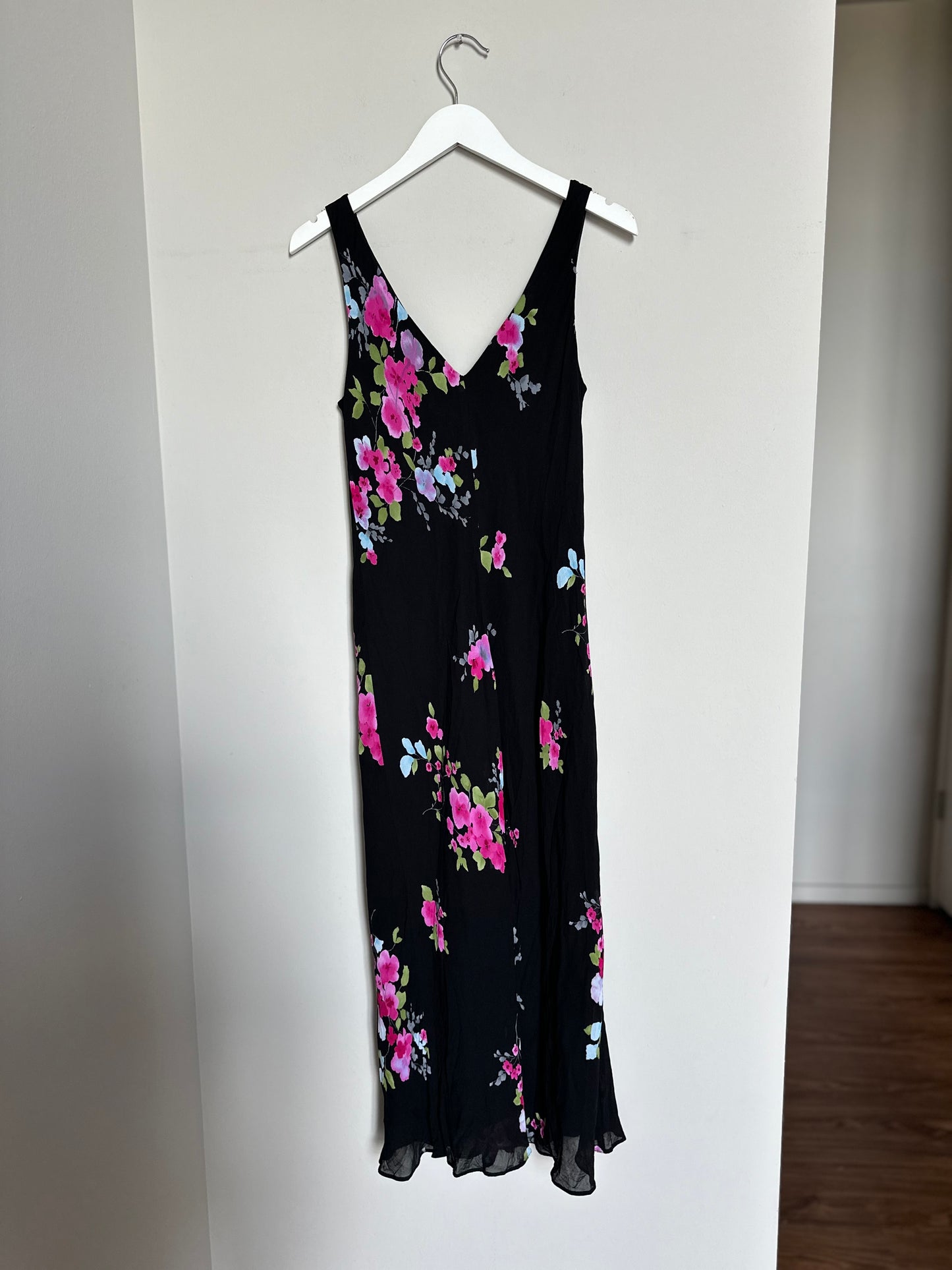 Vintage 90s black/pink floral maxi slip dress