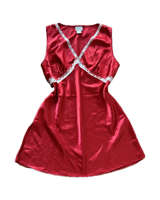 2000s red satin mini slip dress