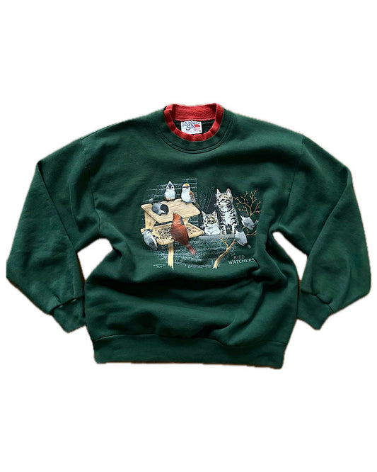 Vintage 90s green with cat and birds logo crew neck sweater