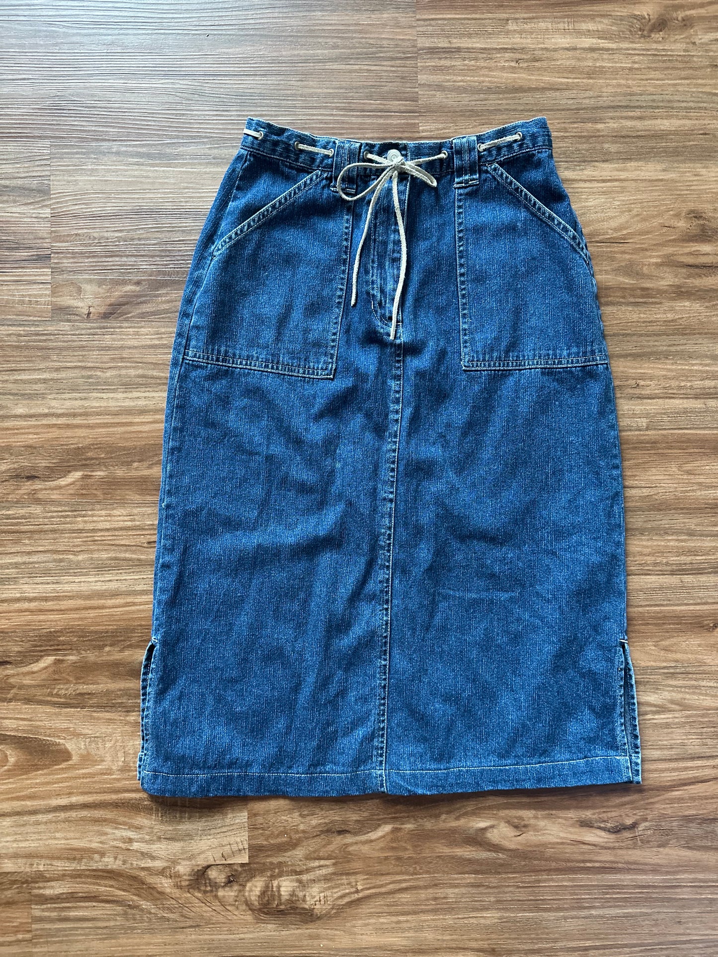 Vintage 2000s denim blue midi skirt with drawstring