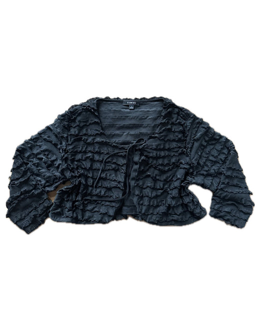 2000 black ruffled mini cardigan with drawstring