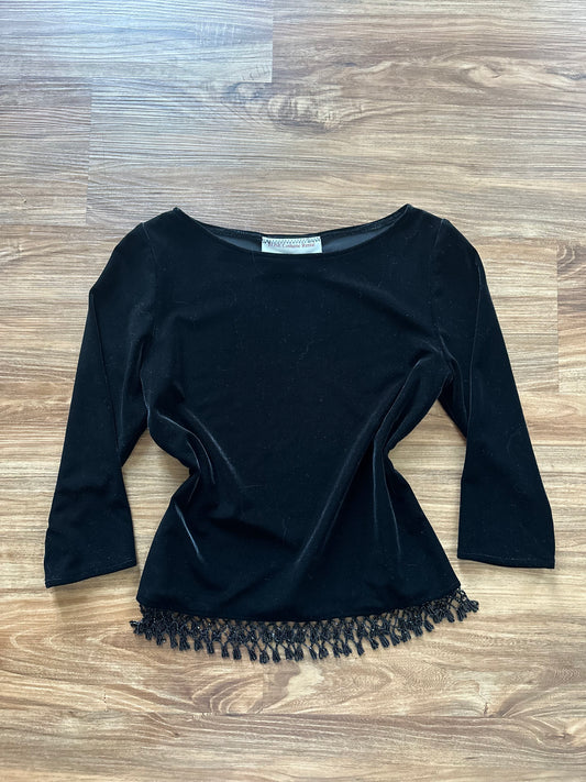 Vintage 90s black velvet fringe quarter sleeve top