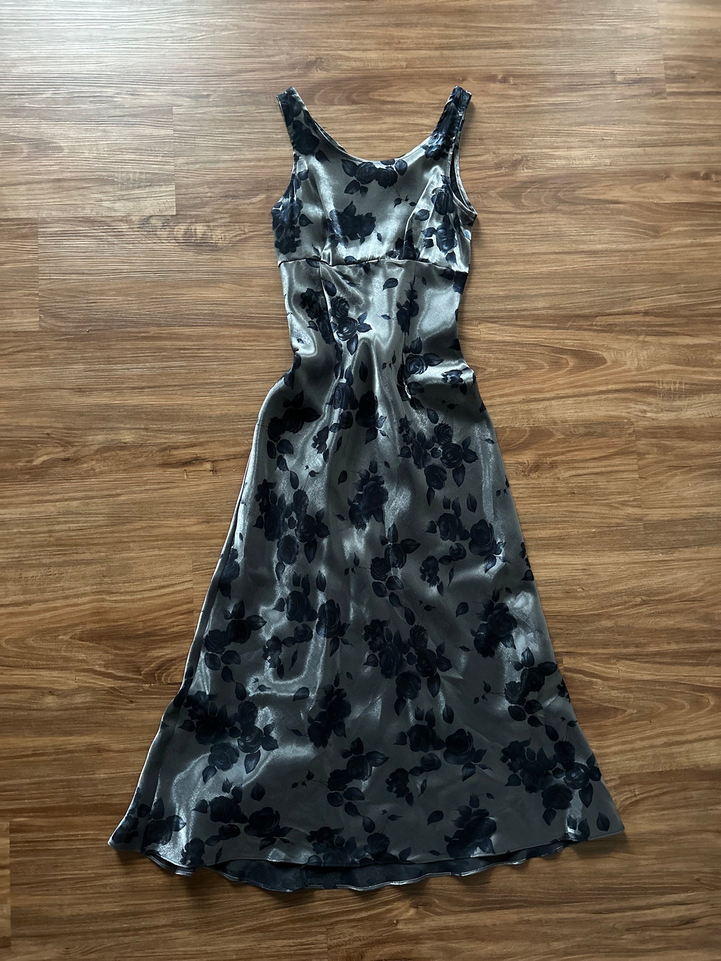 Vintage 90s metallic with black floral maxi slip dress