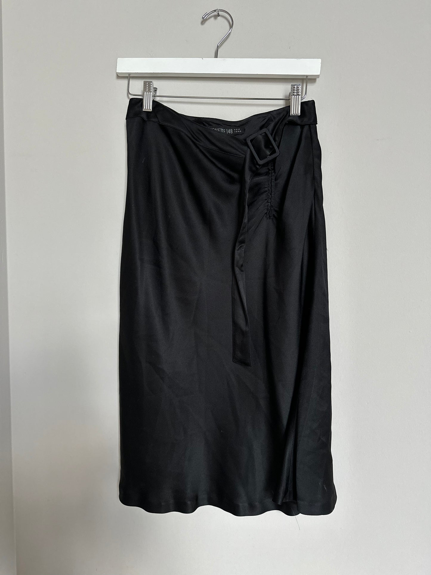 2000s black satin belted midi skirt