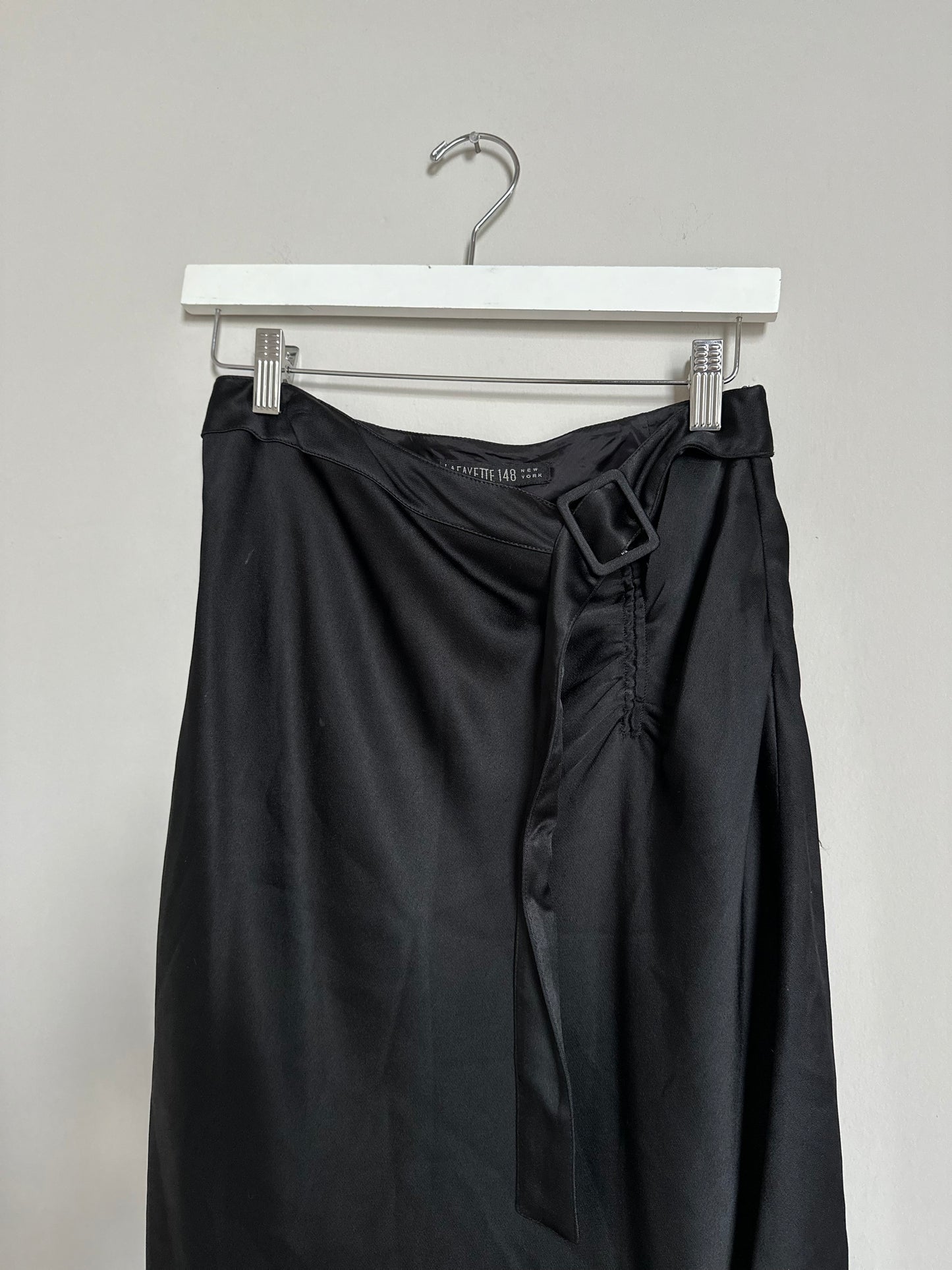 2000s black satin belted midi skirt